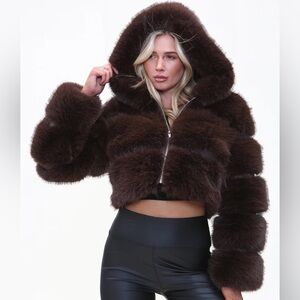 Women's Brown Faux Fur Hoodie Jacket